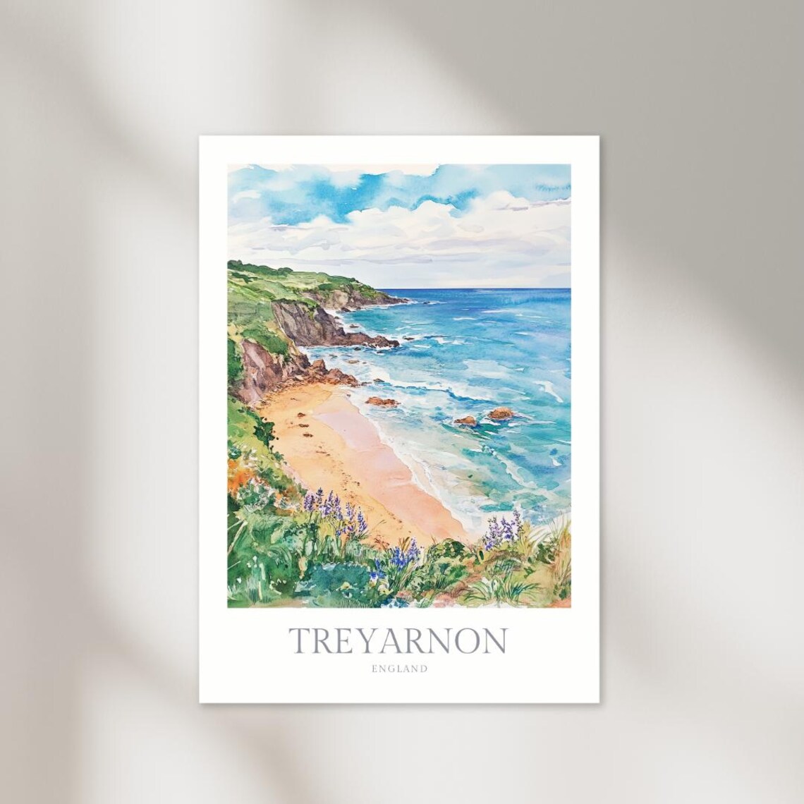 Treyarnon England Sandy Beach Coast Watercolor Travel Poster Art