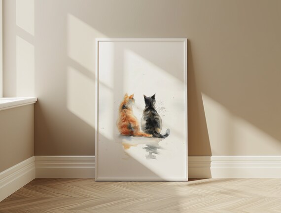 Two Cats Sitting Together Minimalist Watercolor Orange Black Feline Poster
