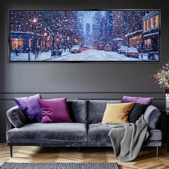 Snow Covered New York City Panoramic Scene Framed Unframed Long Horizontal Gallery Wrapped Ready To Hang Extra Large Wall Art