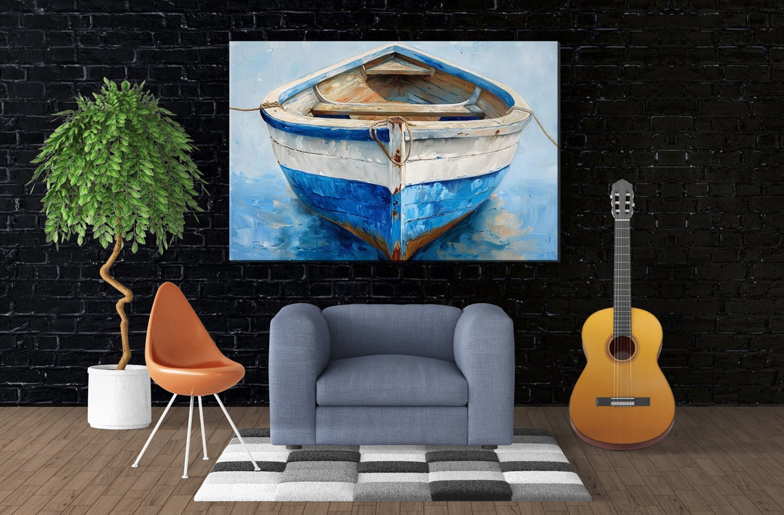 Tranquil Waters Rustic Blue Wooden Boat Print Giclee Print On Gallery Wrapped Artist Available In Extra Large Sizes - Image 3
