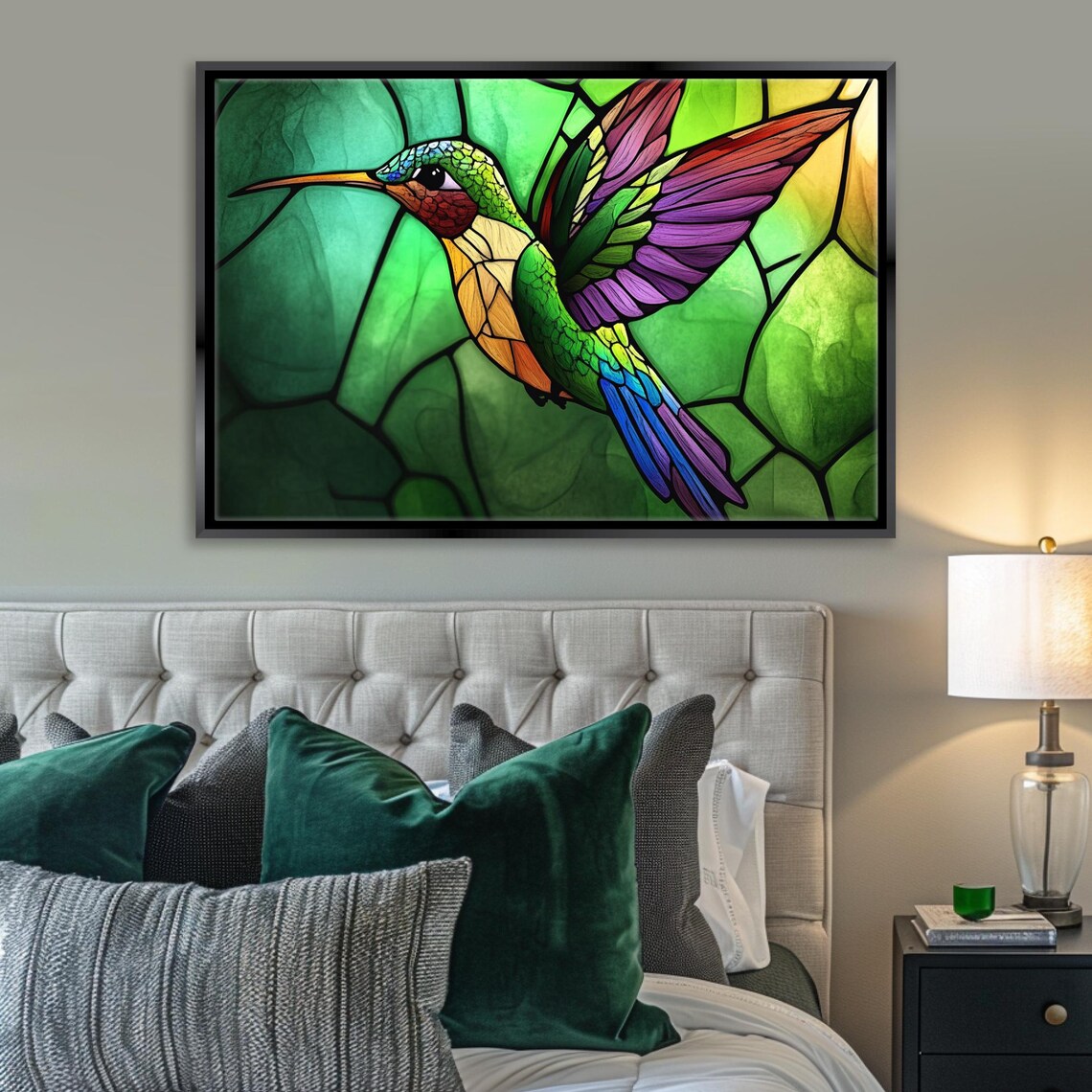 Stained Glass Style Hummingbird In Flight Green Background Bird Poster