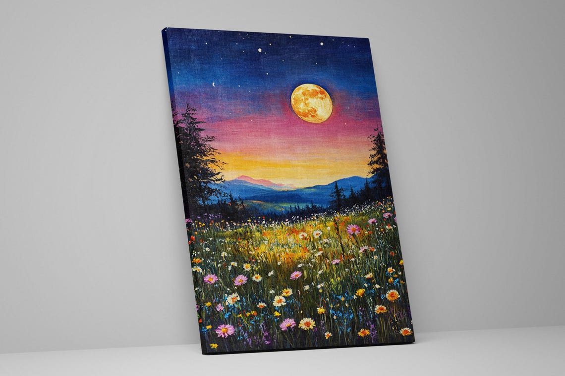 Full Moon Over Wildflower Meadow Starry Night Sky Landscape Poster - Image 2