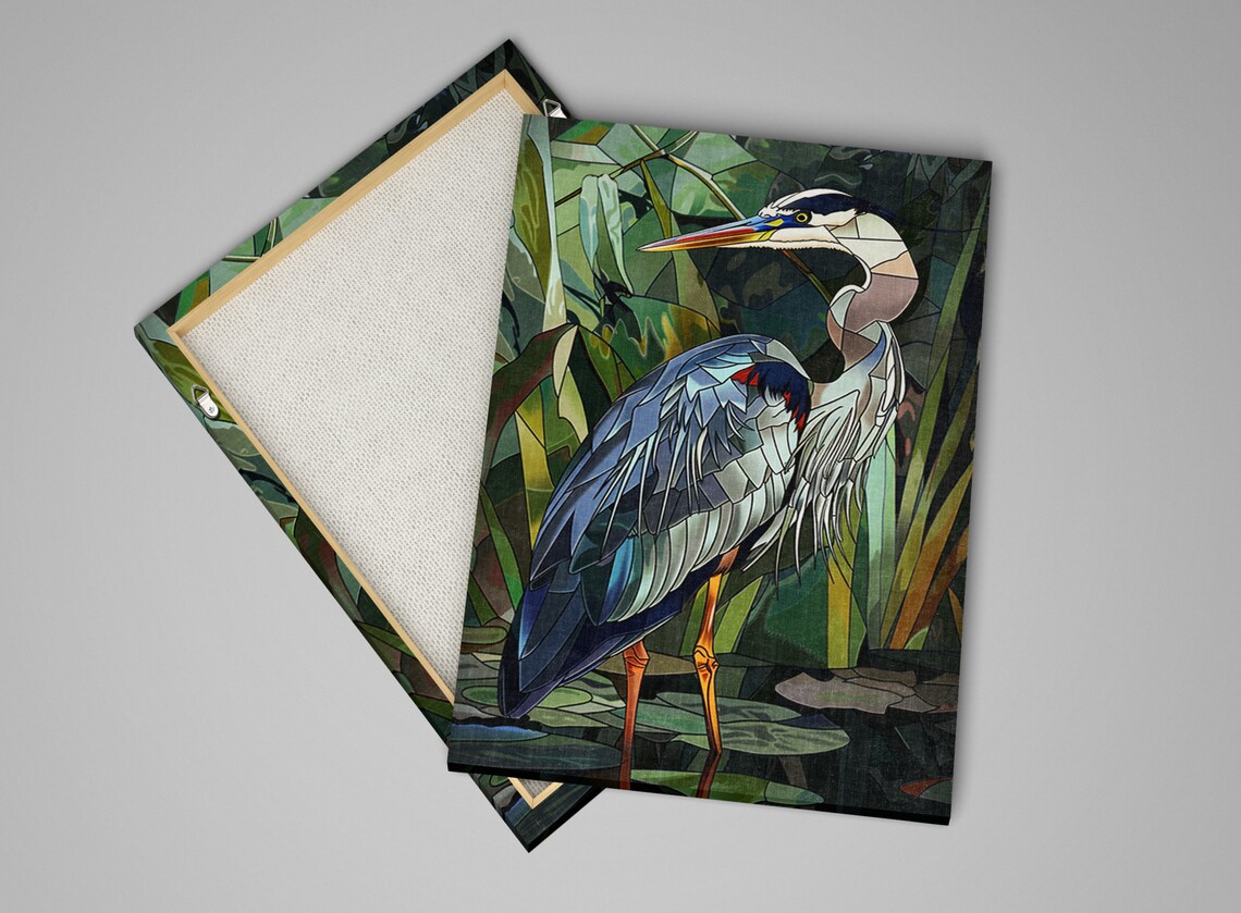 Great Blue Heron Stained Glass Green Reeds Wildlife Art Poster - Image 4