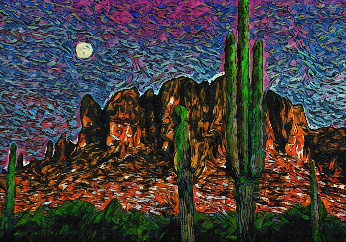 Arizona Saguaro Cactus Moonlit Night Red Rock Mountains Art Poster