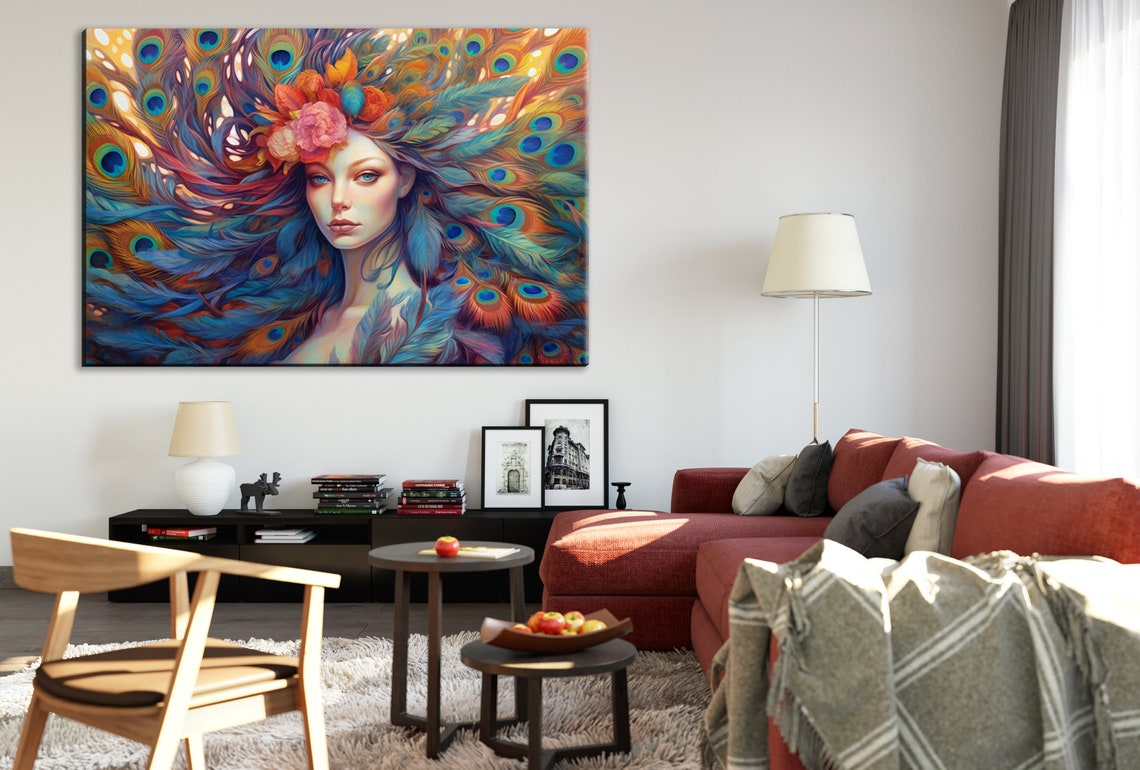 Peacock Feather Headdress Woman Portrait Copper Teal Art Poster - Image 3