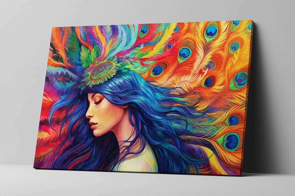 Colorful Woman with Peacock Feather Headpiece Blue Hair Art Poster - Image 5