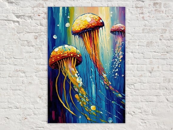 Trio Of Jellyfish Art Print Underwater Art Serene Painting Vibrant Colorful Art