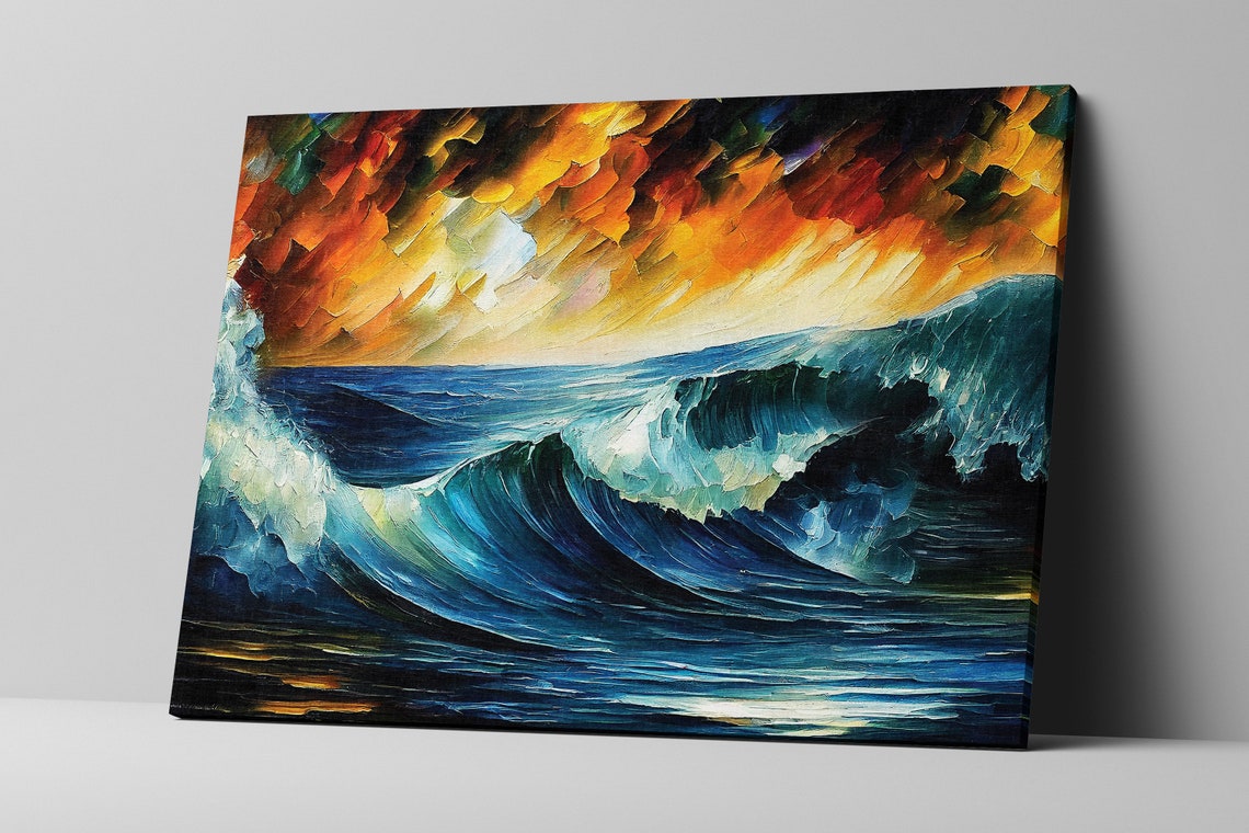 Ocean Wave at Sunset Deep Blue Surf Dramatic Sky Oil Paint Poster - Image 4