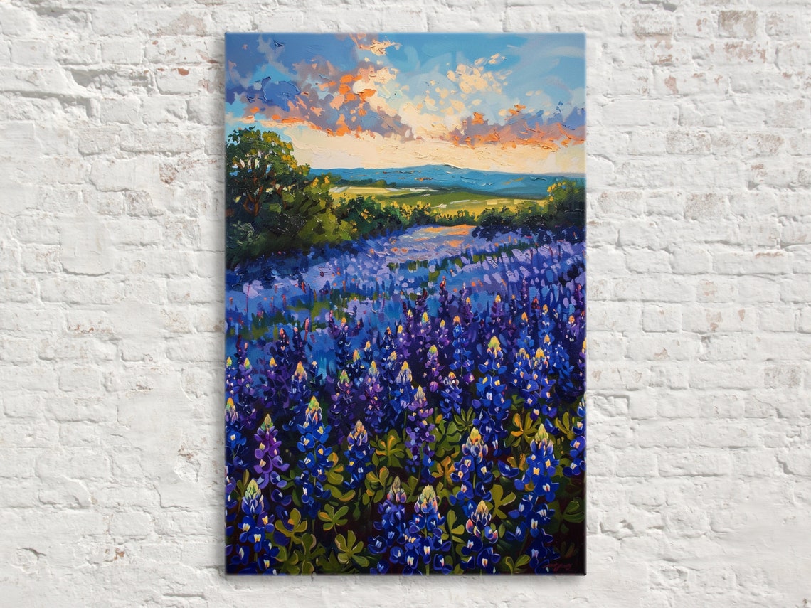 Texas Bluebonnet Field Sunset Glow Rolling Hills Spring Poster