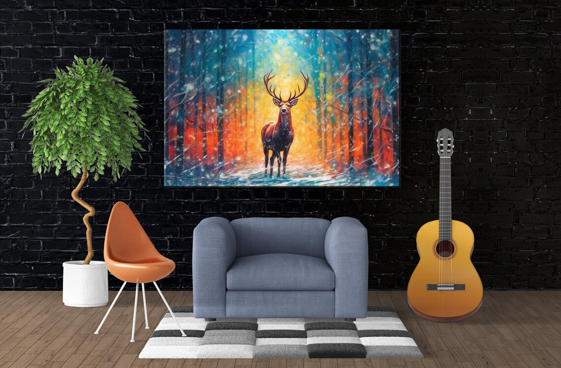 Noble Stag Glowing Winter Forest Snowy Night Ethereal Animal Art Print - Image 4