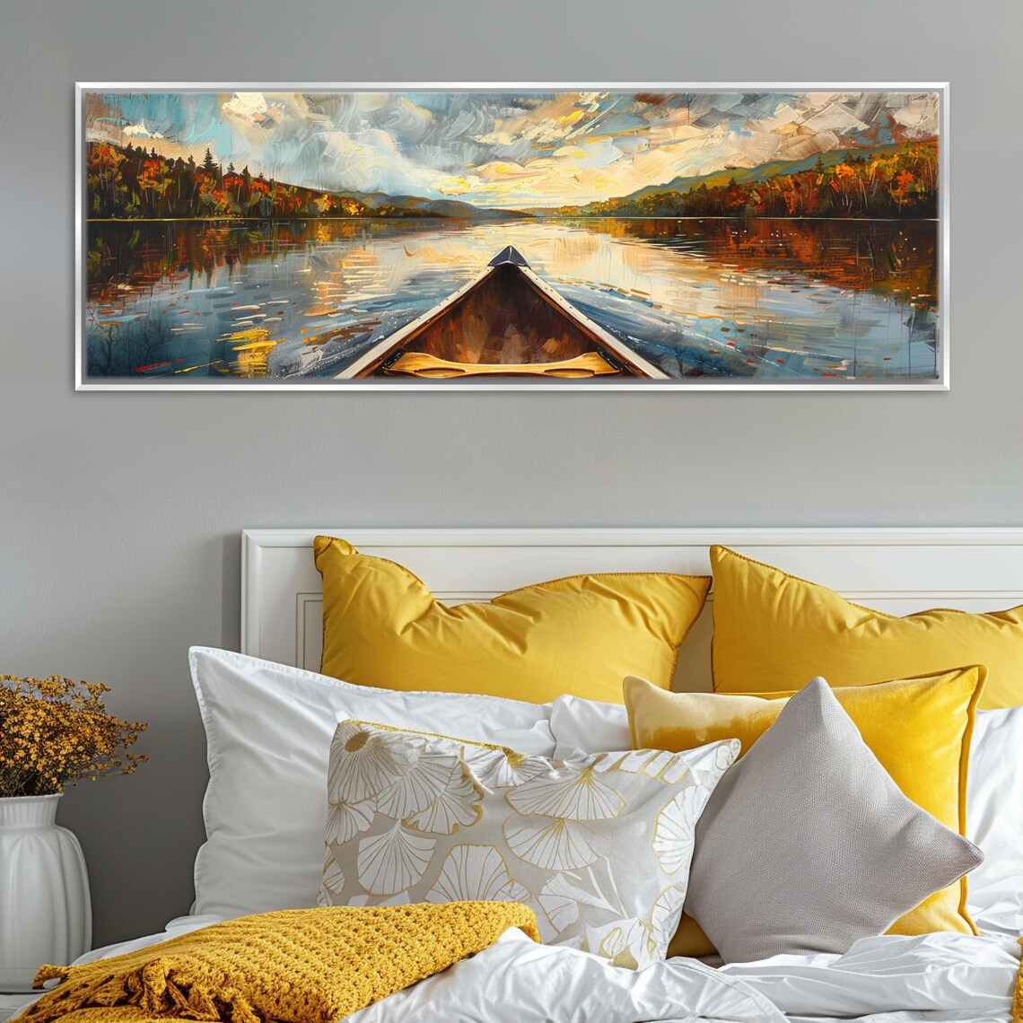 Canoe on River, Lakehouse Landscape Art Print - Image 3