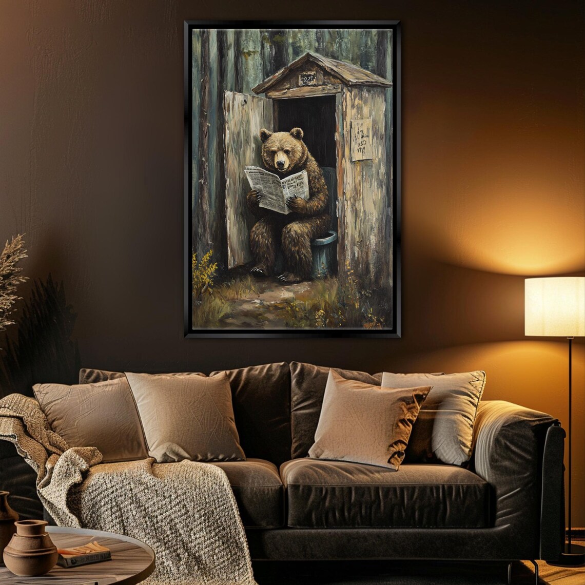 Funny Bear Reading Newspaper In Rustic Outhouse Bathroom Humor Wall Art Poster - Image 3