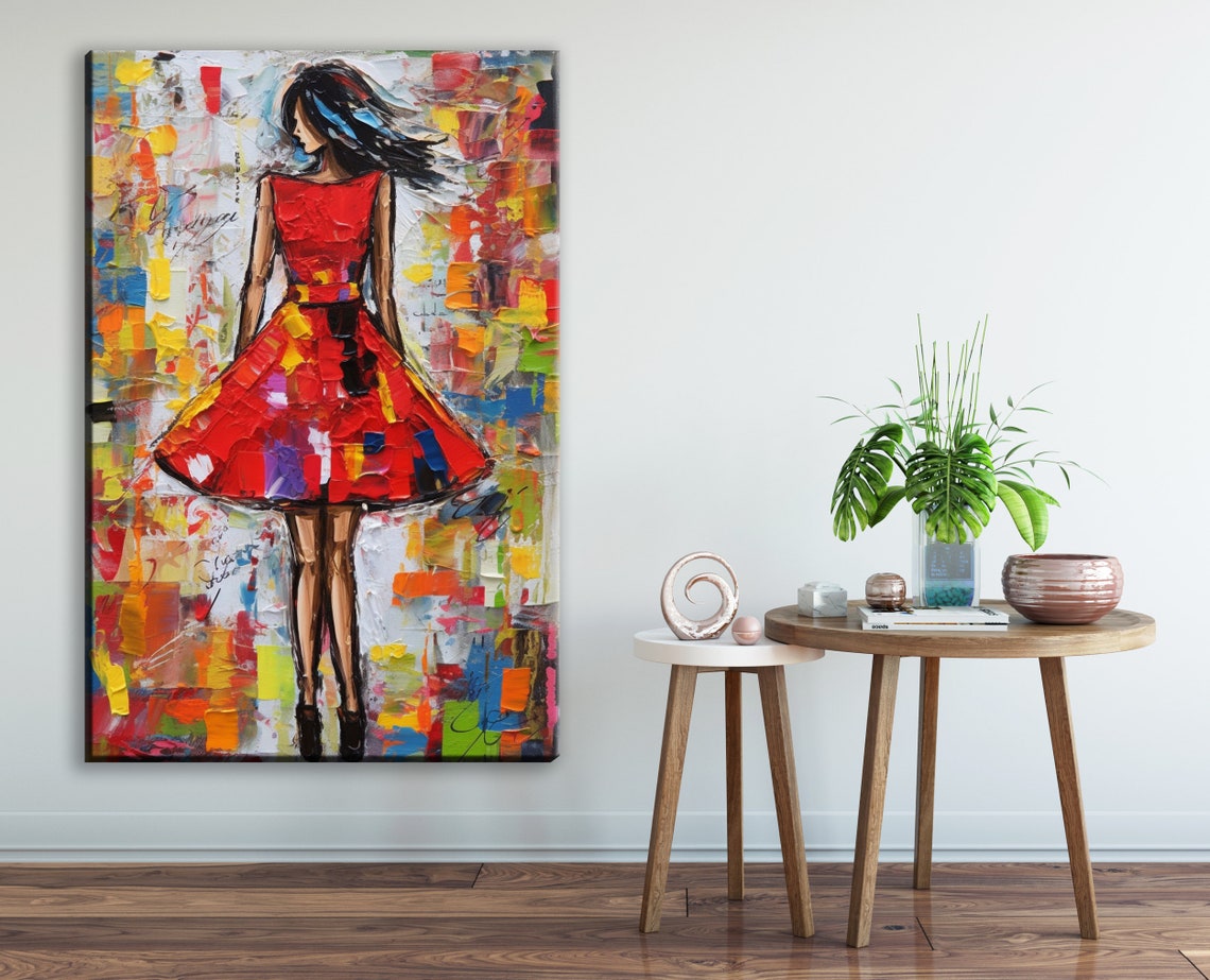 Woman in Red Dress Impasto Painting Elegant Back View Poster - Image 2