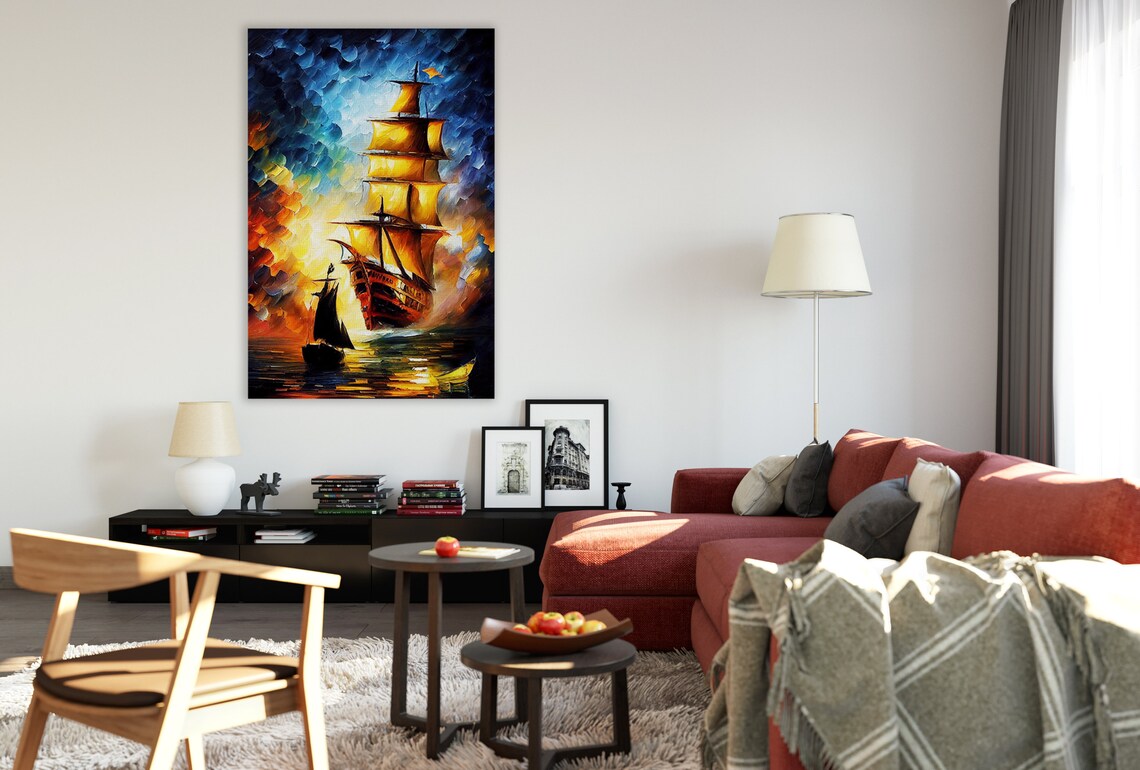 Tall Ship Golden Sails Sunset Ocean Voyage Oil Painting Art Poster - Image 3