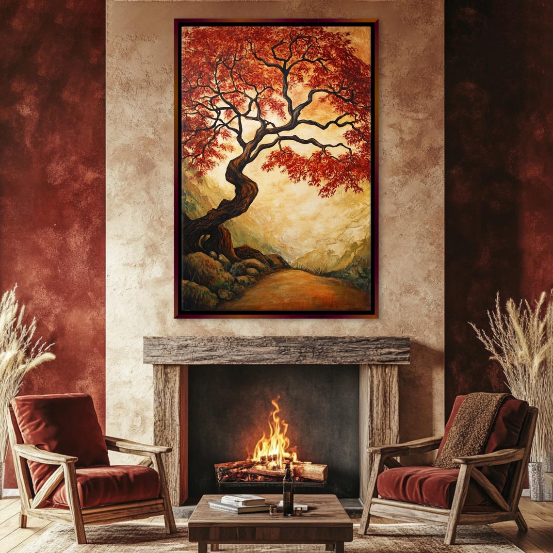 Twisted Red Maple Tree Autumn Foliage Golden Light Painting Wall Art - Image 3
