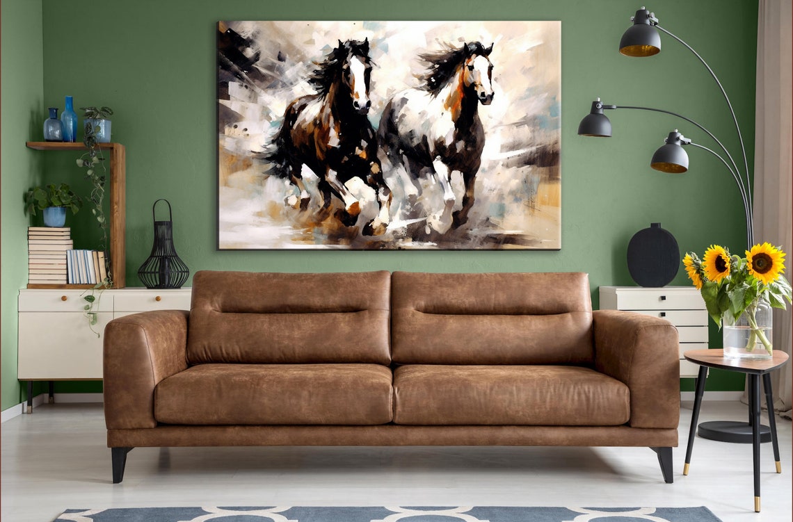 Dynamic Duo Galloping Horses Brown White Equestrian Art Poster - Image 3