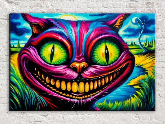 Psychedelic Cheshire Cat Huge Green Eyes Toothy Grin Surreal Art Wall Poster