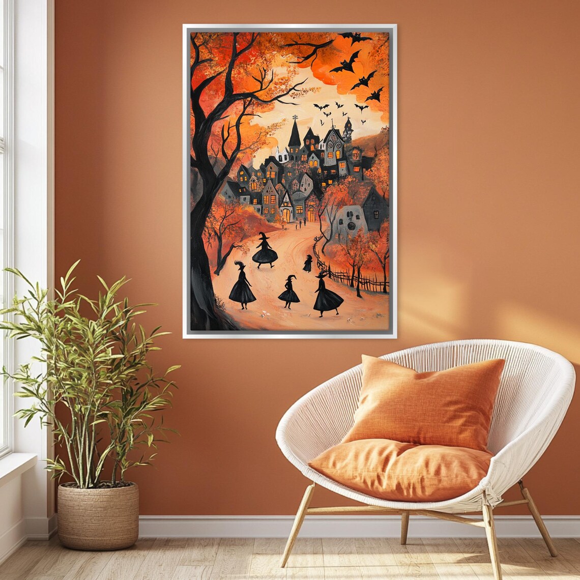 Halloween Witch Town Festive Scene Orange Sky Bats Spooky Village Wall Art - Image 3