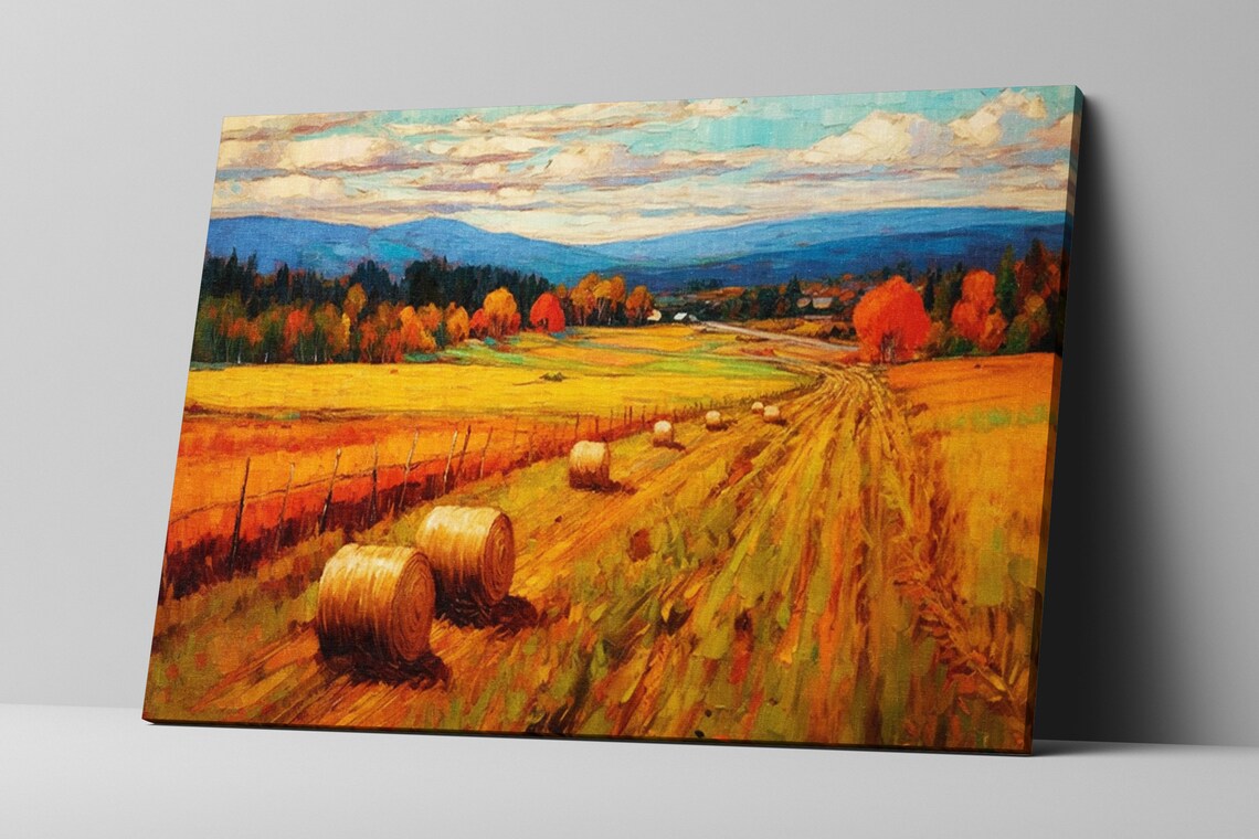 Golden Autumn Countryside Hay Bales Field Mountain Valley Poster - Image 5