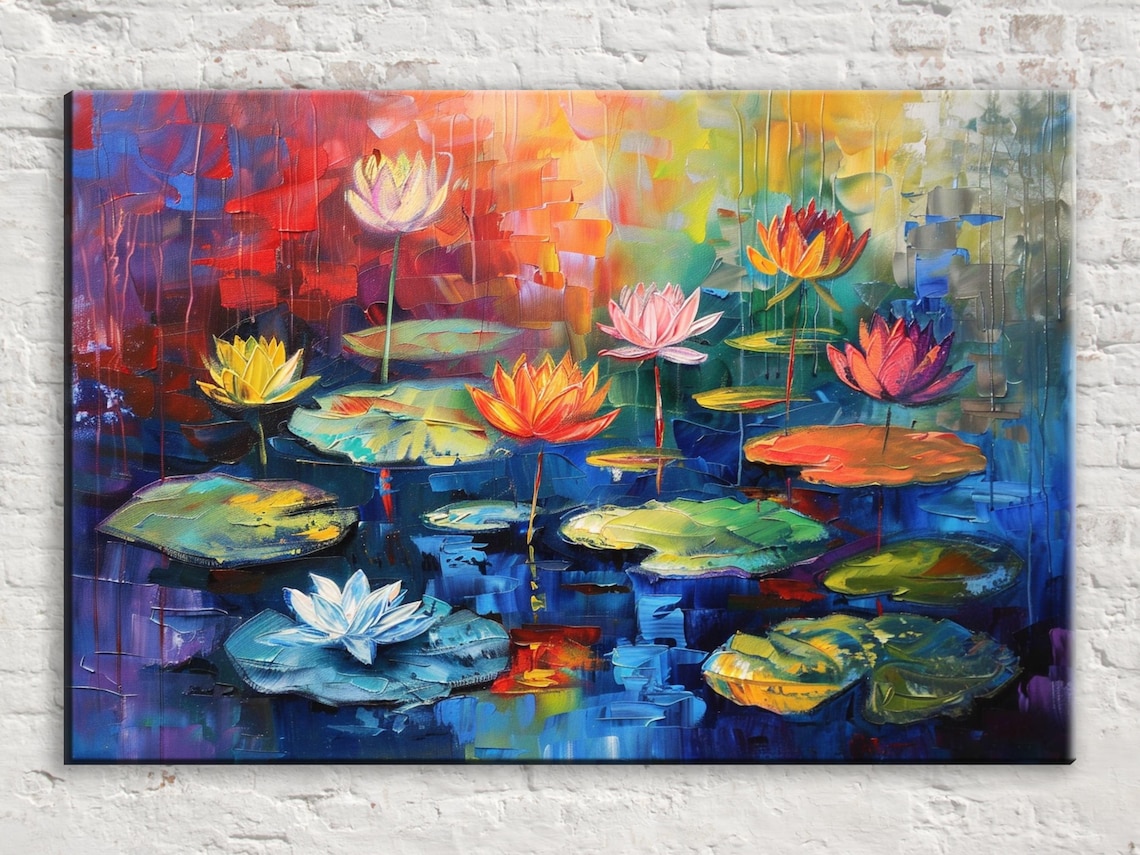 Monet Inspired Water Lilies Rainbow Impasto Colorful Floral Art Poster
