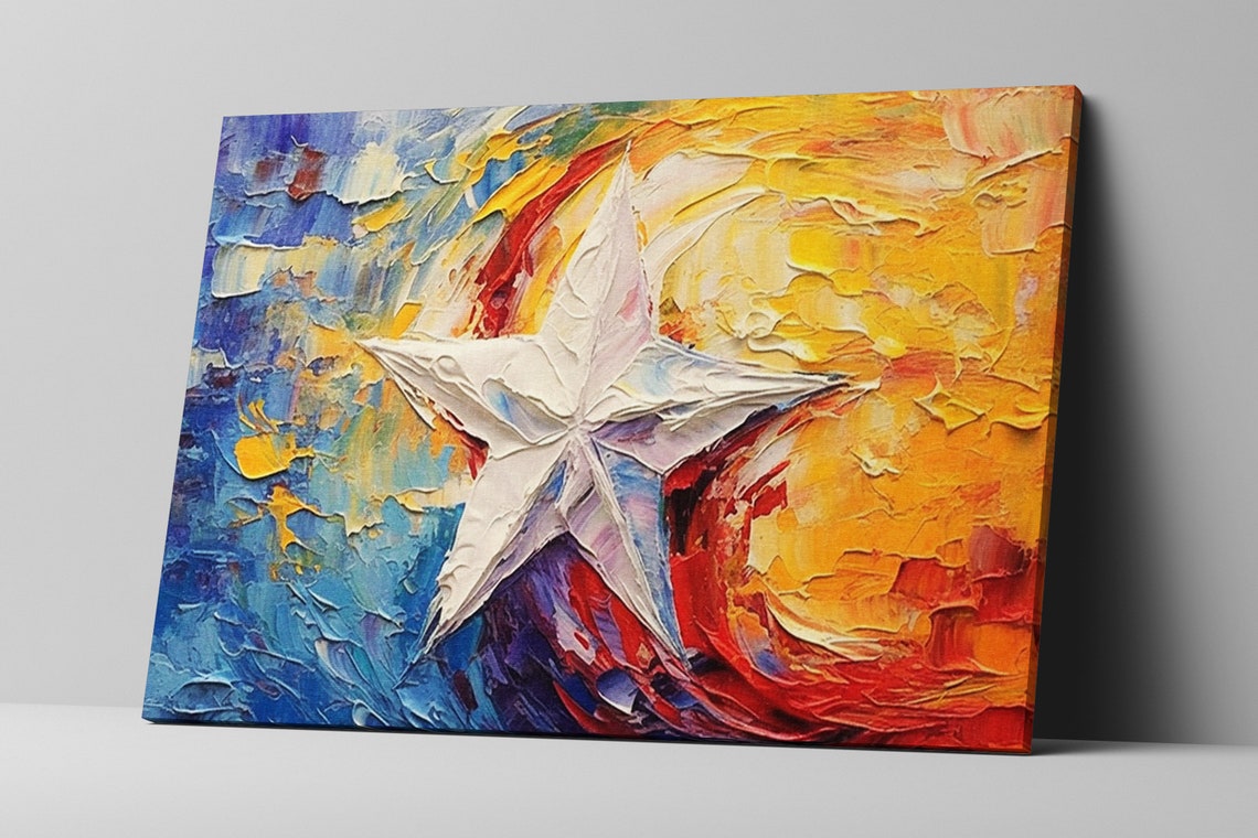 Abstract Texas Lone Star Flag Palette Knife Blue Gold Red Wall Art - Image 5