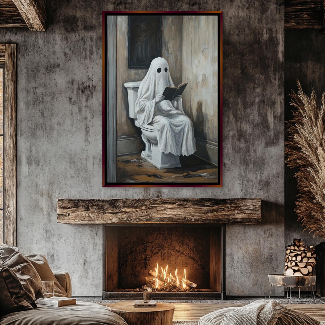 Funny Ghost Reading Book On Toilet Humorous Halloween Bathroom Art Print - Image 3