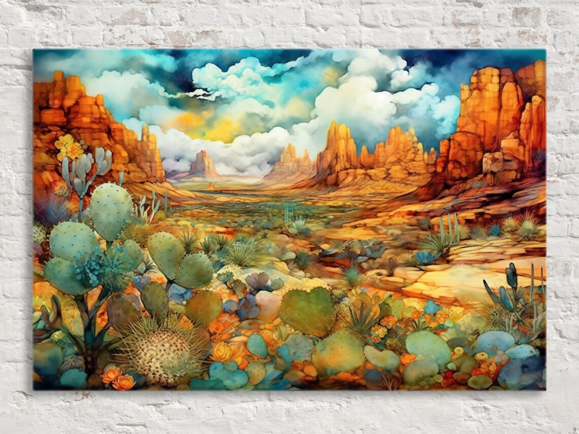 Canyon Cactus Alcohol Ink Art Print, Southwest Desert