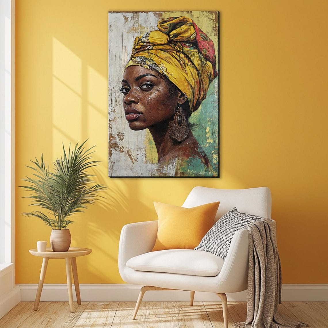 African Woman Yellow Headwrap Textured Portrait Elegant Wall Art - Image 3