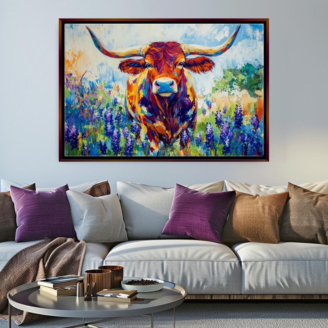 Texas Longhorn in Bluebonnets Art Print, Western Decor