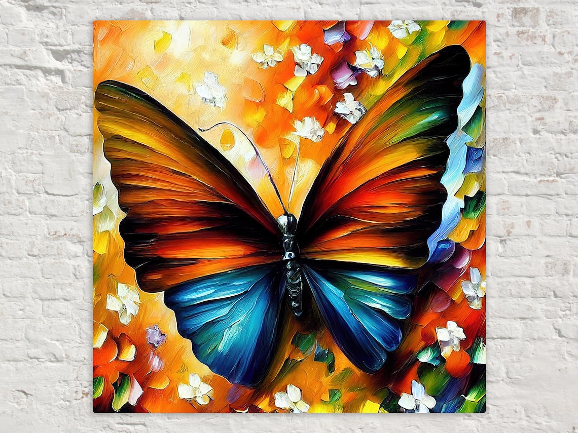 Butterfly Orange Blue Wings Floral Background Colorful Art Poster