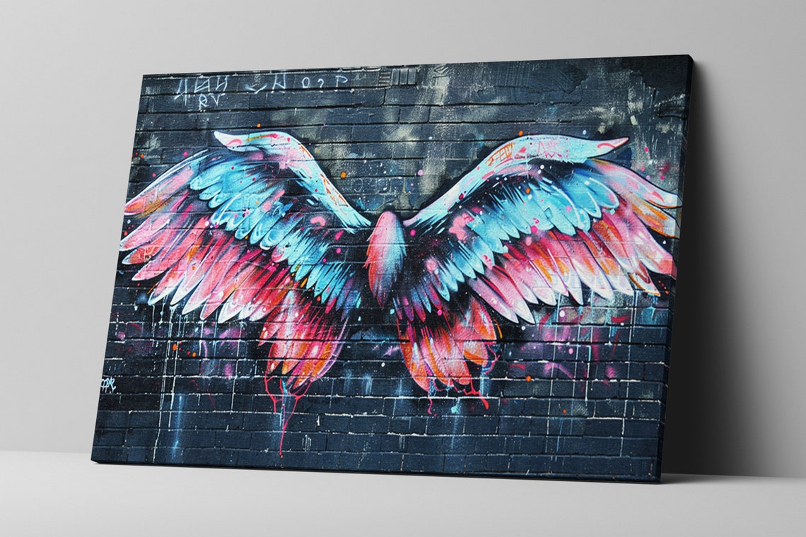 Graffiti Angel Wings Dark Brick Wall Blue Pink Street Art Poster - Image 5
