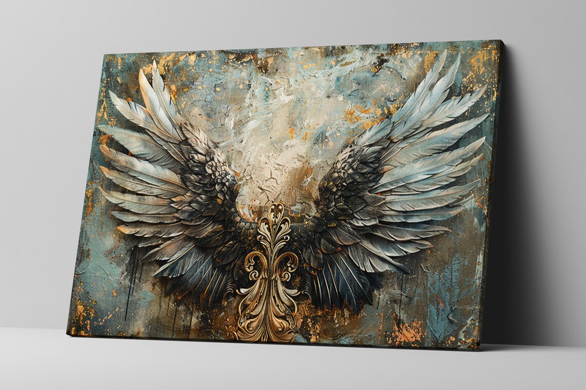 Gold and Blue Angel Wings, Ornate Feathers Art Print - Image 5