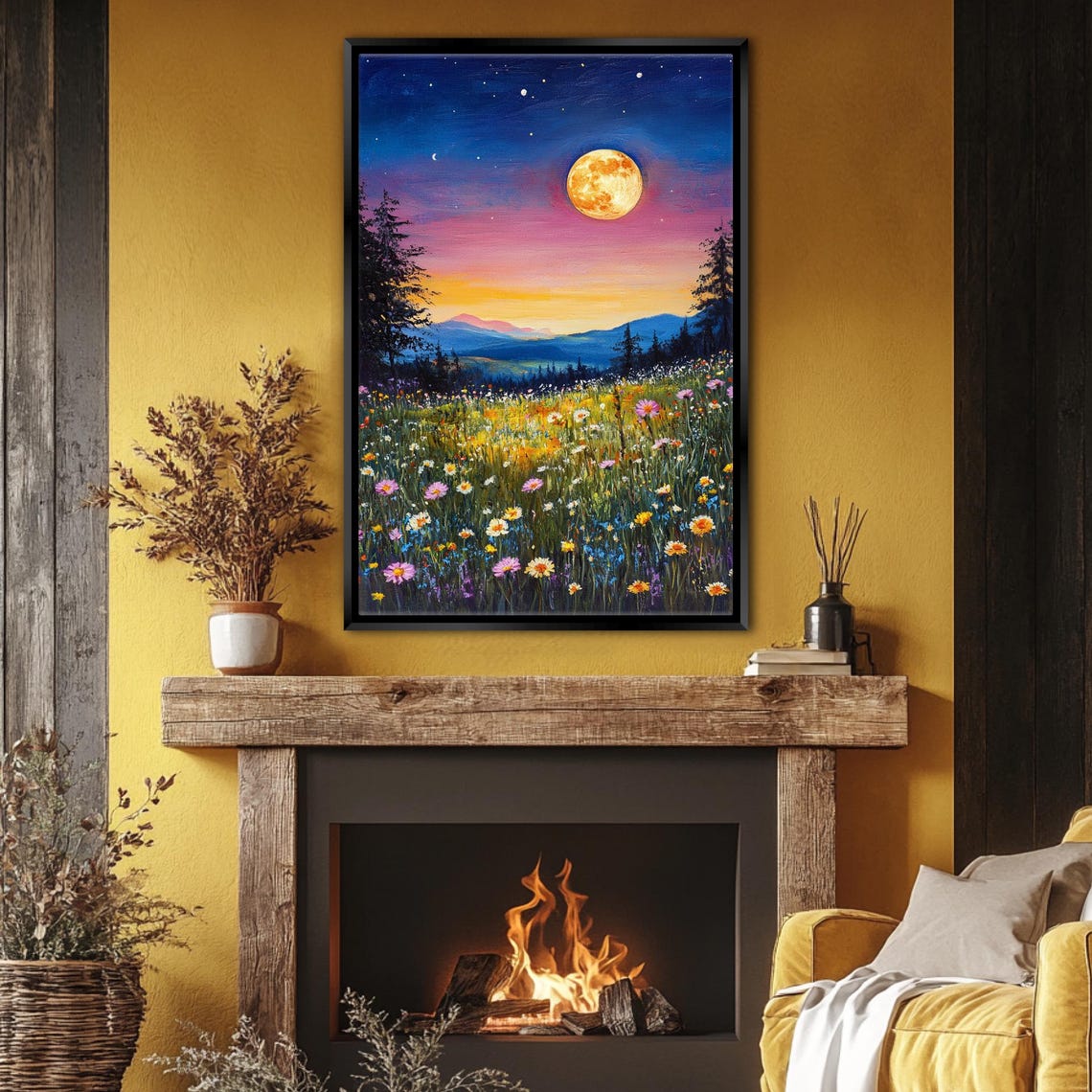 Full Moon Over Wildflower Meadow Starry Night Sky Landscape Poster