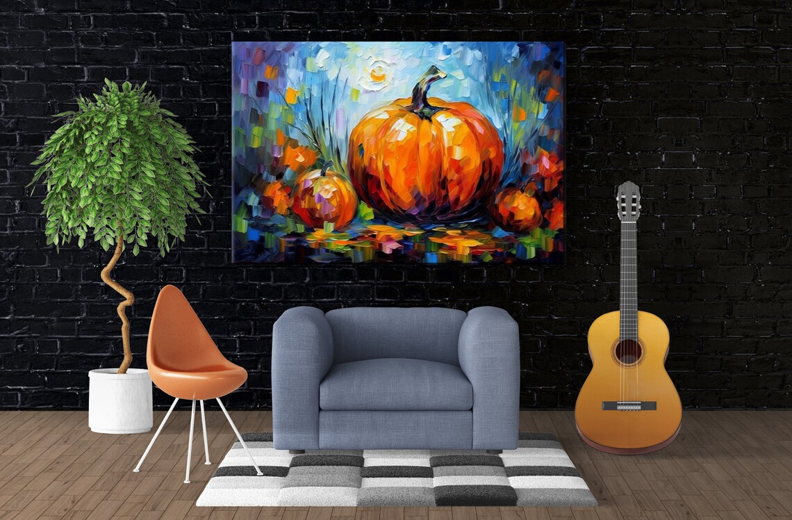 Pumpkins at Night Impasto Painting Harvest Moon Fall Art Poster - Image 3