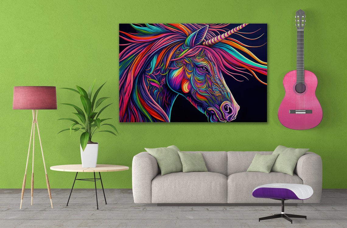 Neon Psychedelic Unicorn Head Dark Background Magical Horse Art Poster - Image 3