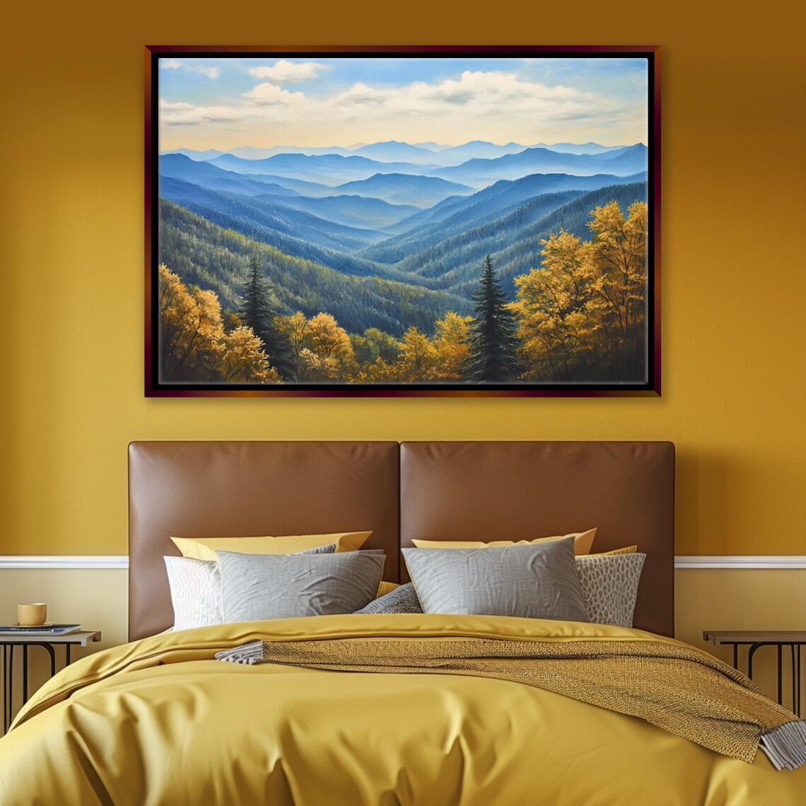 Smoky Mountains Fall Landscape Golden Autumn Blue Misty Peaks Print - Image 5