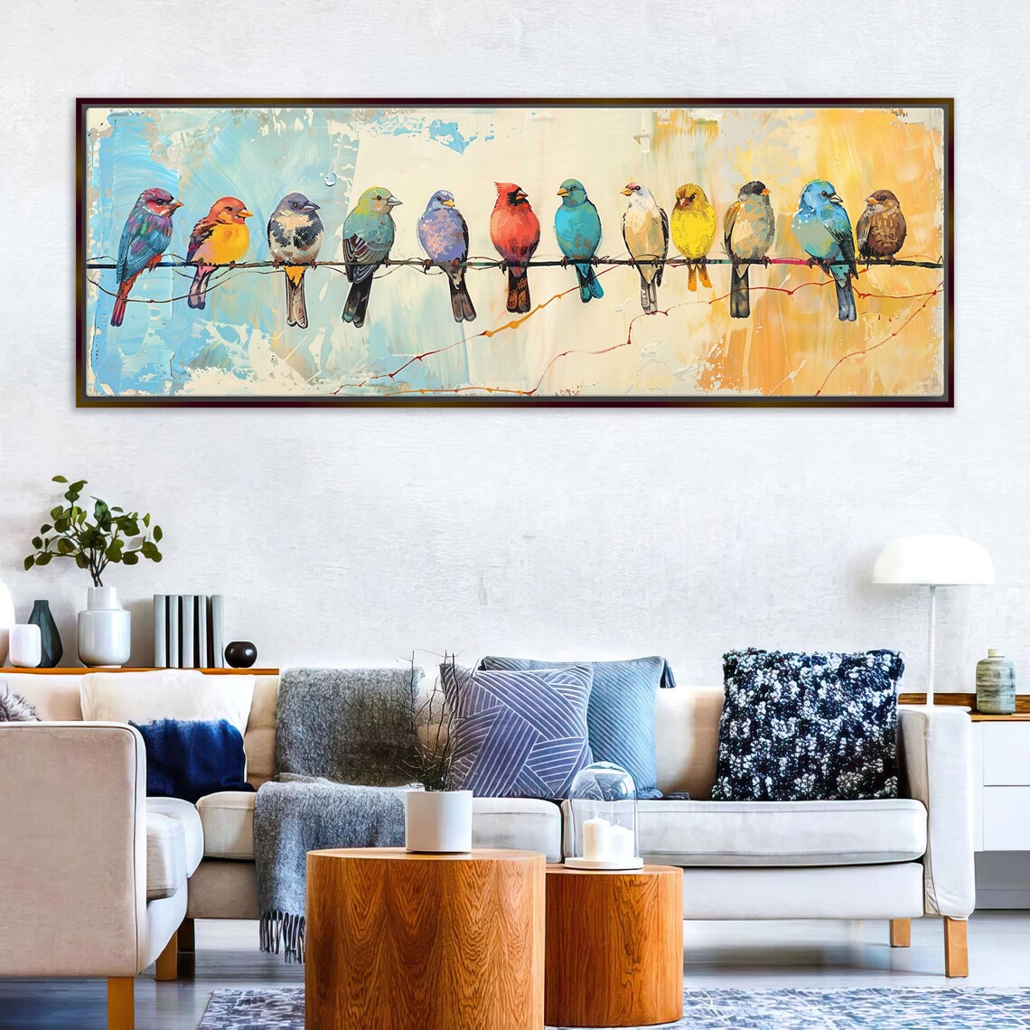 Colorful Birds on a Wire, Panoramic Wall Art Print - Image 3