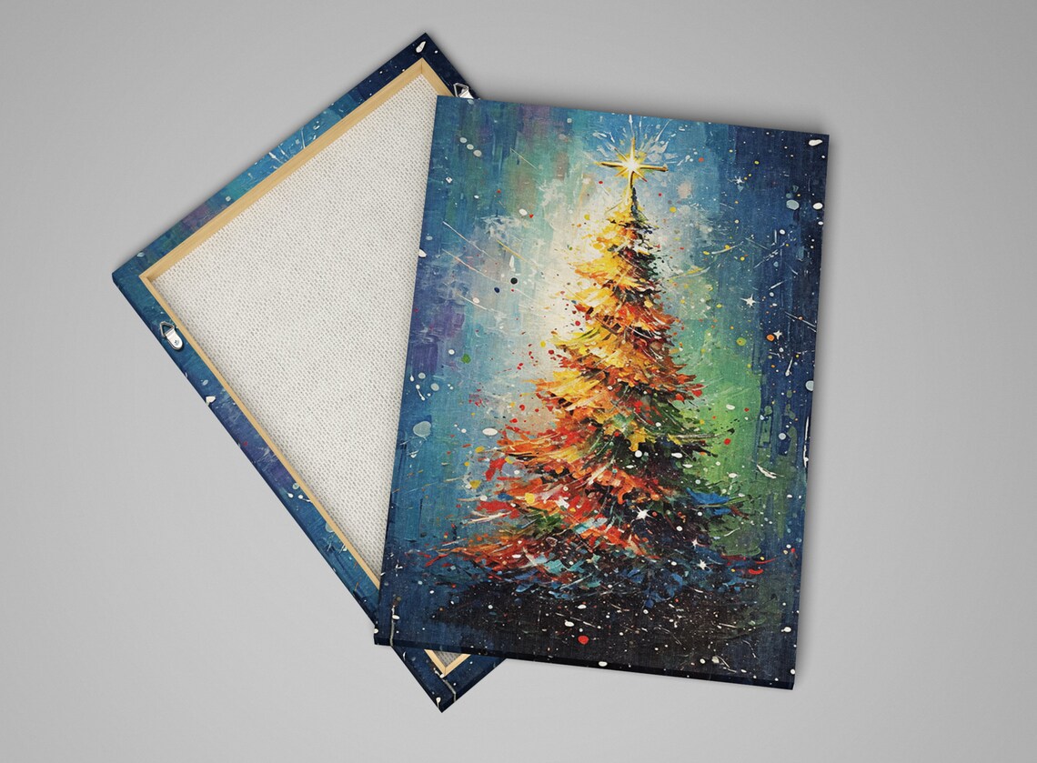 Festive Golden Christmas Tree Blue Night Starry Sky Painting Art Print - Image 5