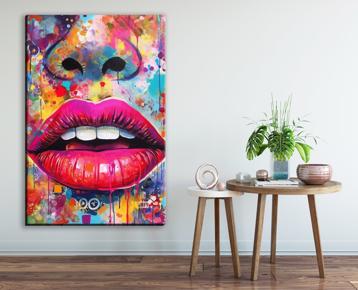 Womans Lips Pink Graffiti Pop Art Female Decor Striking Large Wall Art Print - Image 2