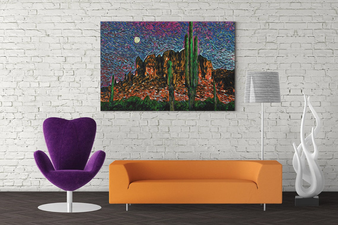 Arizona Desert Moonlit Saguaro Cactus Red Rock Mountains Art Poster - Image 5