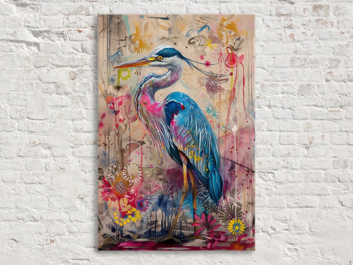 Elegant Blue Heron Among Flowers Wall Art Print