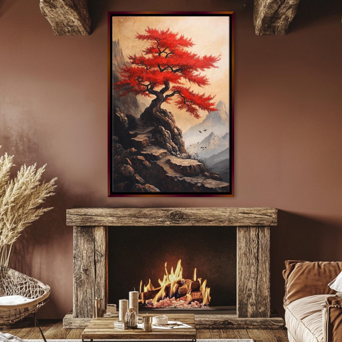 Red Japanese Maple Tree On Rocky Cliff Misty Mountains Autumn Art - Image 4