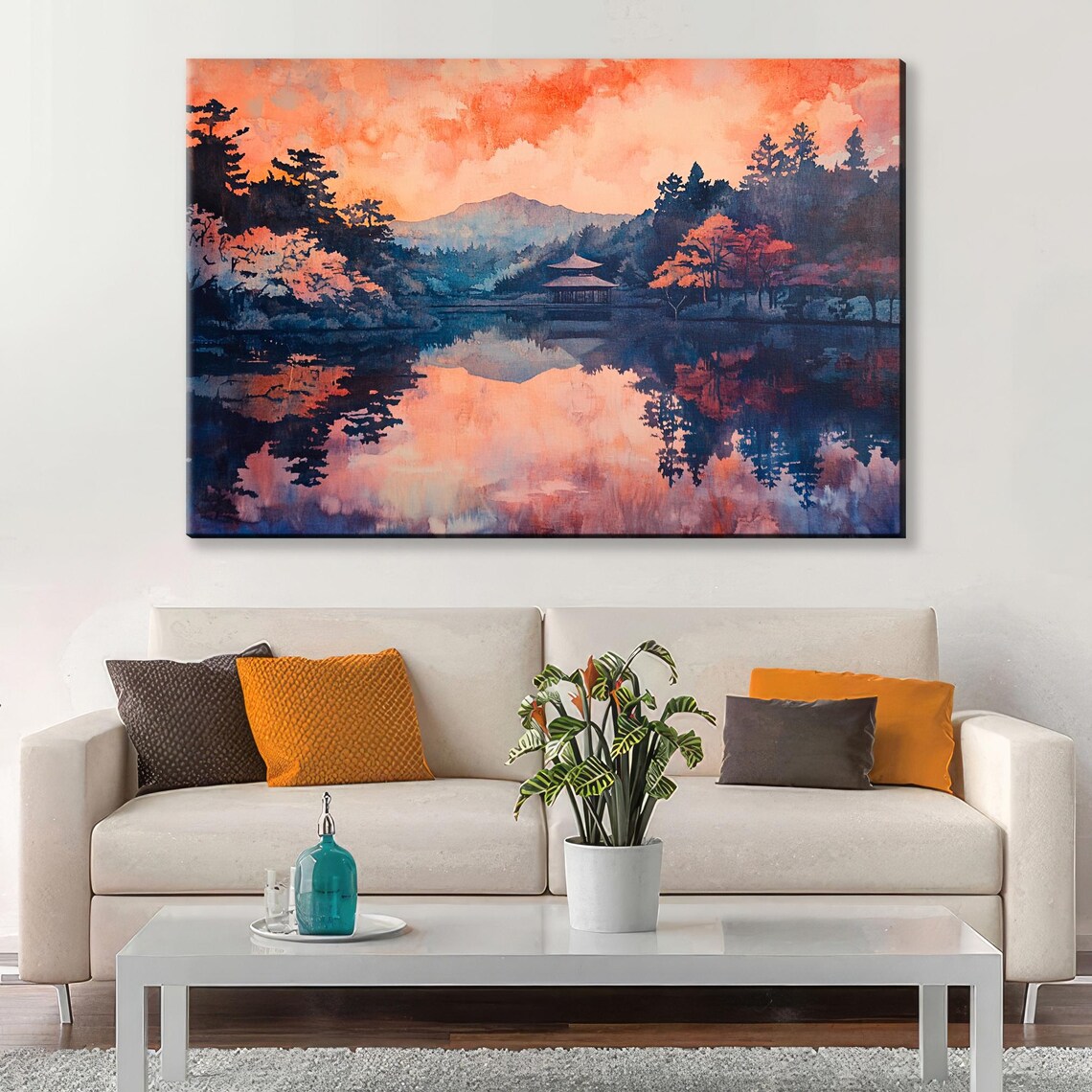 Japanese Temple Sunrise Over Mirror Lake Watercolor Travel Poster Art - Image 4