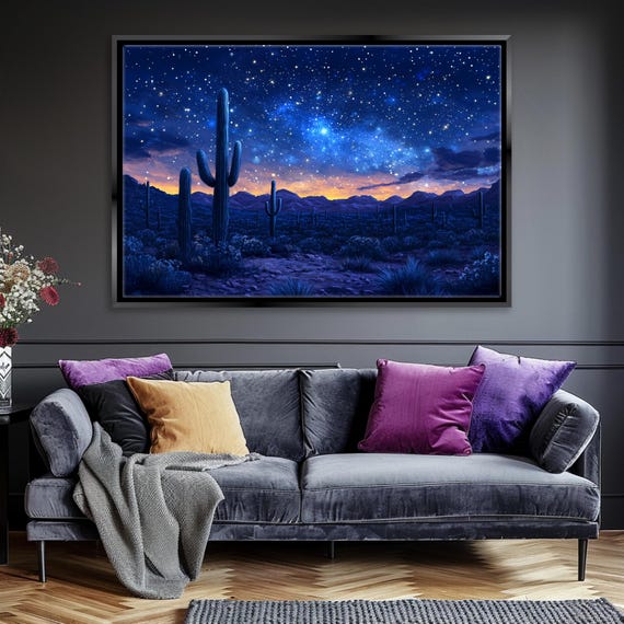 Mexican Cactus Starry Night Over Sonoran Desert Print Framed Unframed Gallery Wrapped Gicle Ready To Hang Extra Large Wall Art