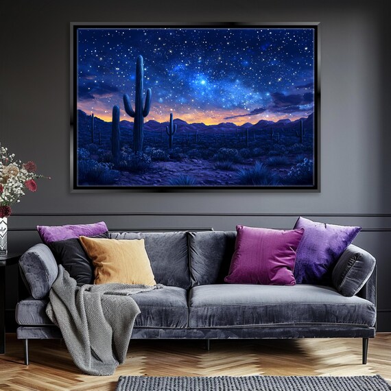 Starry Night Desert Sky Saguaro Cactus Glowing Milky Way Wall Art