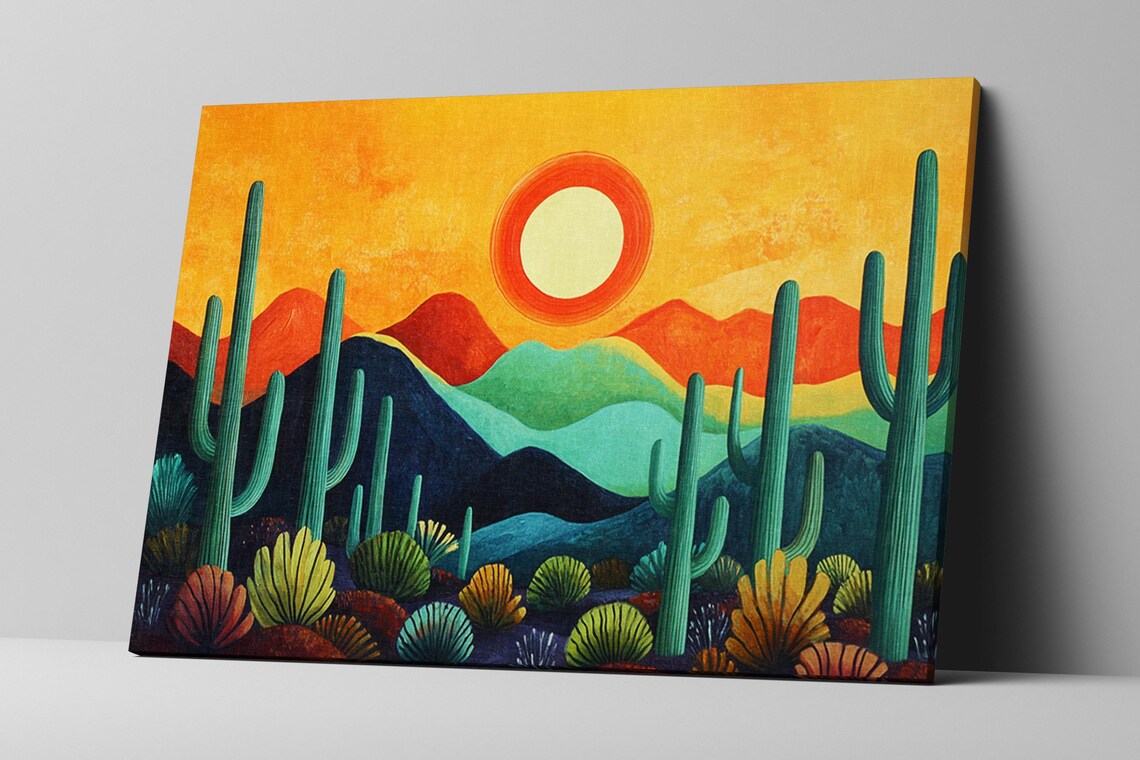Mid Century Modern Desert Sun Saguaro Cactus Mountain Landscape Poster - Image 2