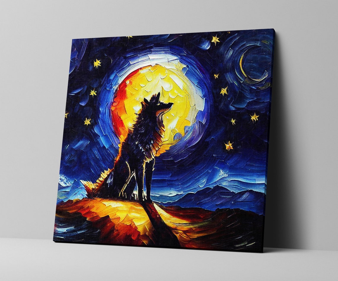 Wolf Howling At Moon Starry Night Blue Sky Wildlife Art Poster - Image 4