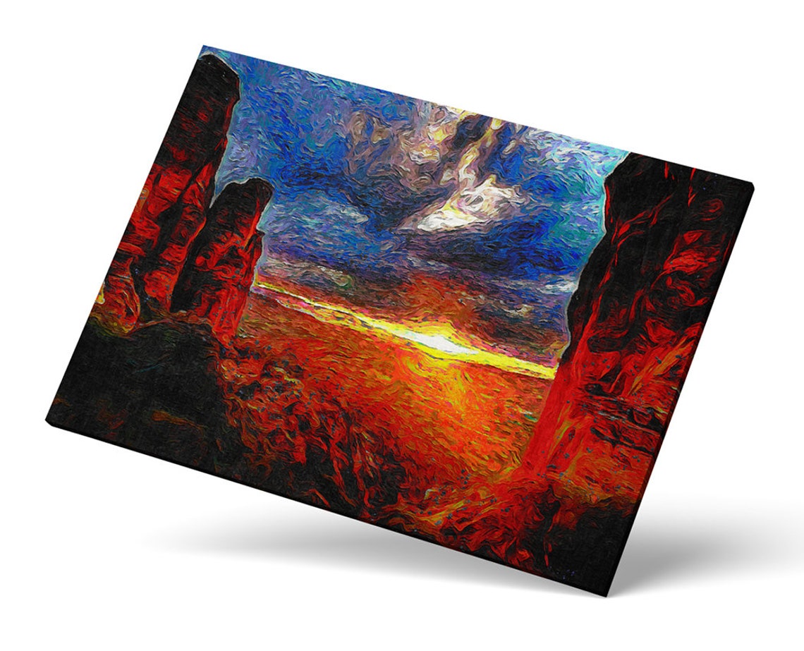 Fiery Desert Canyon Sunset Orange Cliffs Impressionist Art Poster