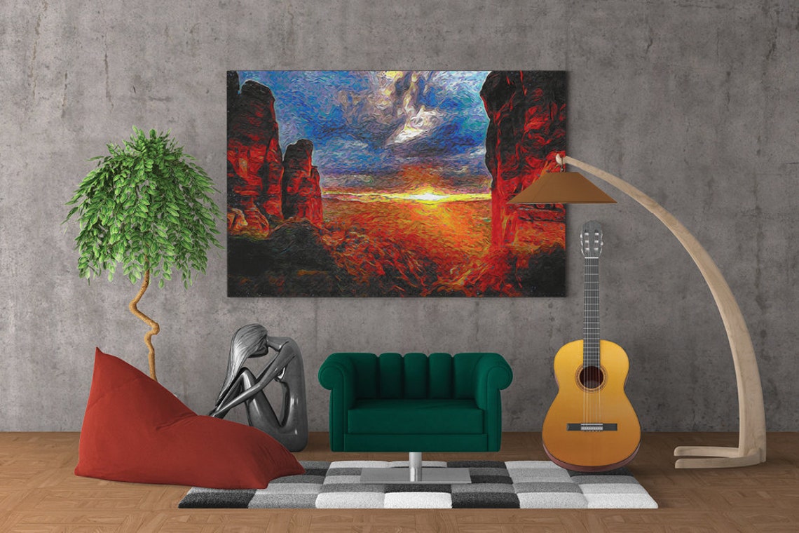 Fiery Desert Canyon Sunset Orange Cliffs Impressionist Art Poster - Image 5