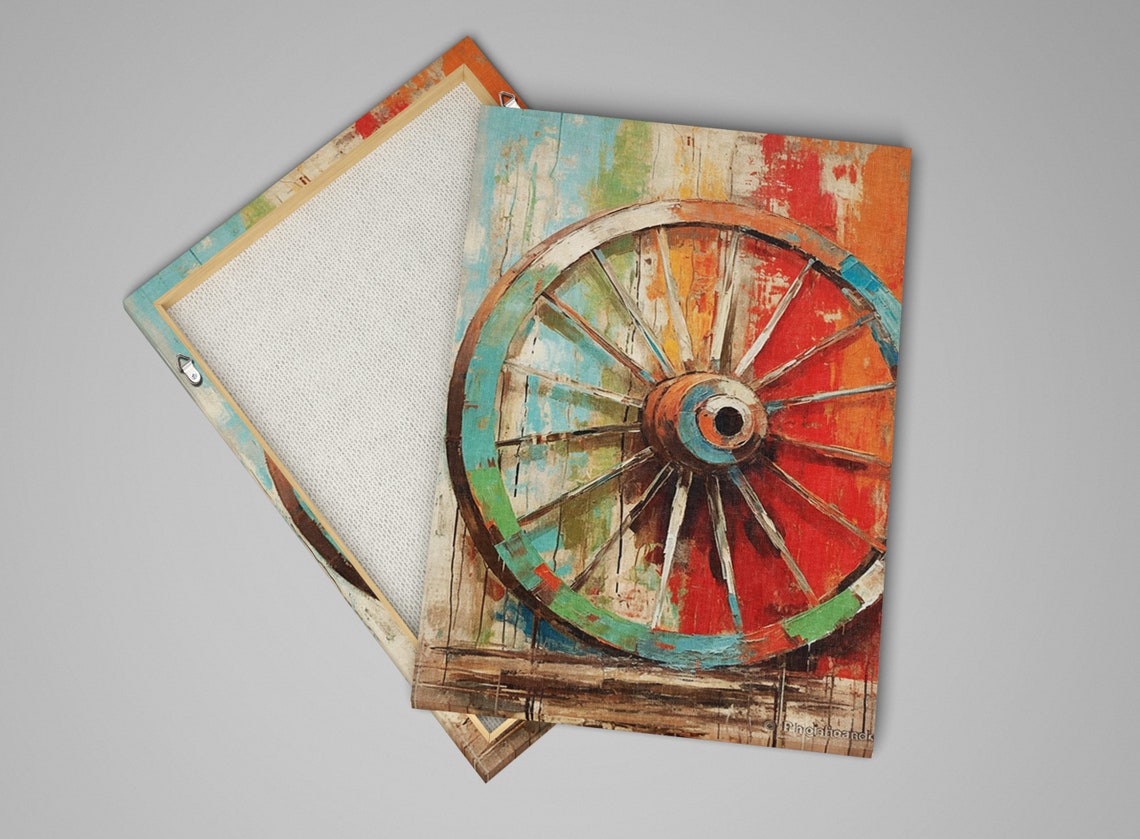 Rustic Painted Wagon Wheel Red Teal Western Farmhouse Wall Art - Image 4